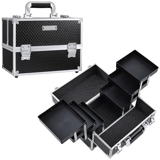 FRENESSA Makeup Train Case Makeup Case 11.8 Inch Large Cosmetic Box Organizer Travel Storage Professional Make Up Train Carrying Case with 6 Trays Locking Hard Vanity Storage Black