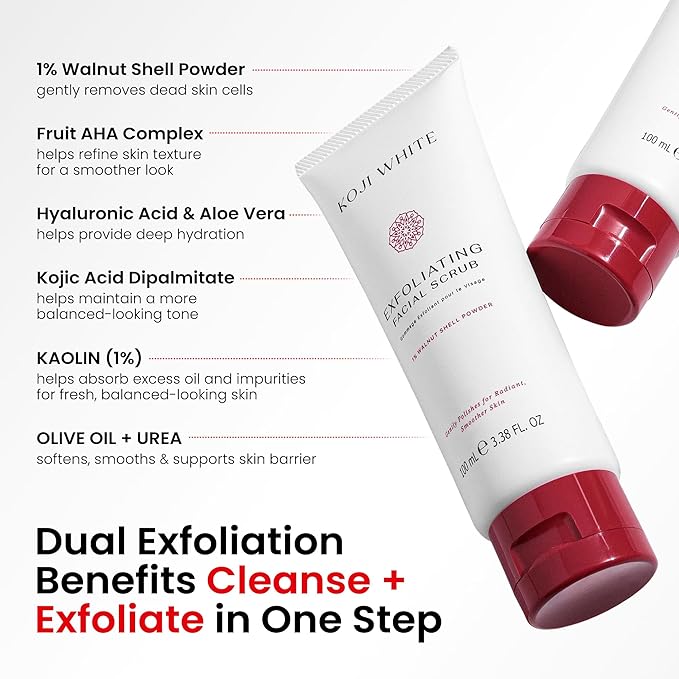 Koji White Exfoliating Facial Scrub, Gentle Face Wash with 1% Walnut Shell Powder, AHA, Kojic Acid Dipalmitate & Hyaluronic Acid | Hydrating, Unscented, Vegan, 100ml (3.38 Fl Oz)