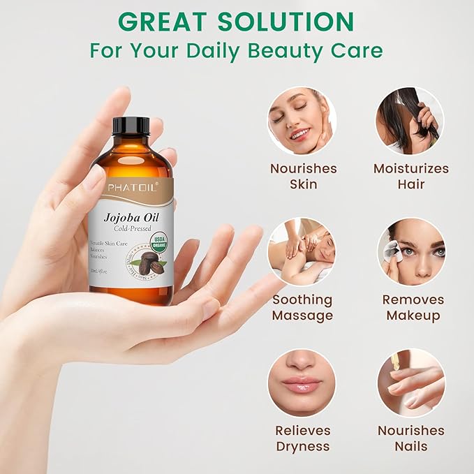 PHATOIL Jojoba Oil Organic Cold Pressed USDA Certified Premium Grade Jojoba Oil Deeply Moisturizing Carrier Oils for Skin, Body, Face, Nails and Hair Growth, Massage, Essential Oils Mixing(118ML)