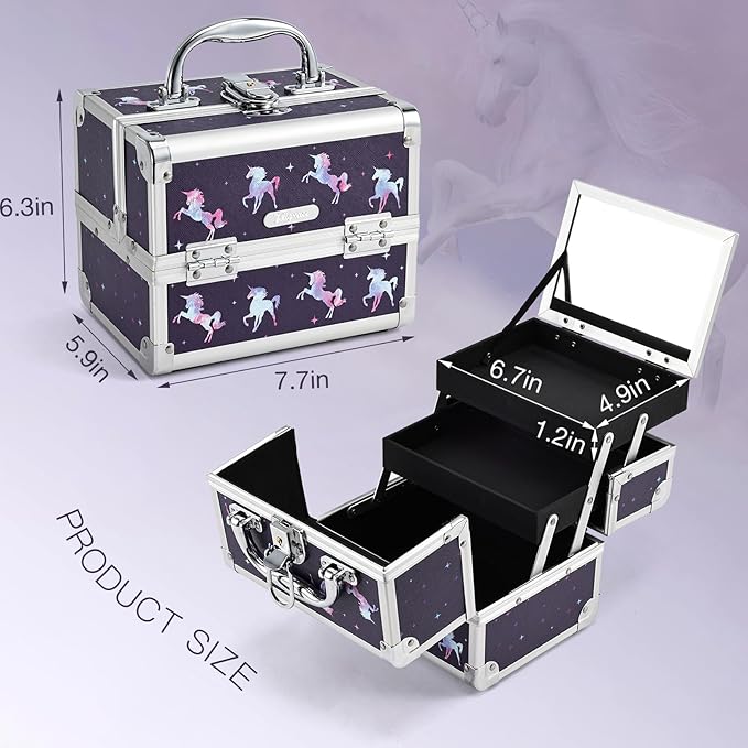 Joligrace Makeup Case for Girls Cosmetic Train Case Makeup Storage Box Jewelry Organizer Hair Accessories Lockable with Trays & Mirror Kids Gift Unicorn