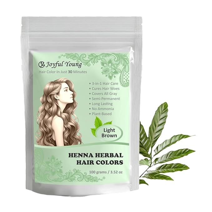 3IN1 Henna Hair Color - 30 Min Fast Herbal Hair Dye for Gray Coverage, Conditioning & Hair Treatment - No Ammonia, Semi-Permanent, Plant-Based (LIGHT BROWN)