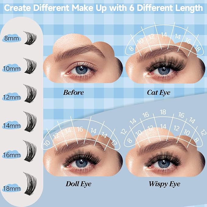 KevKev Lash Clusters 168 Pcs Cluster Lashes DIY Lash Extensions Mixed Styles Individual Lashes Eyelash Clusters Thin Band & Soft False Lashes Wispy Natural Lash Extension Clusters (Cirrus, D-8-18mix)