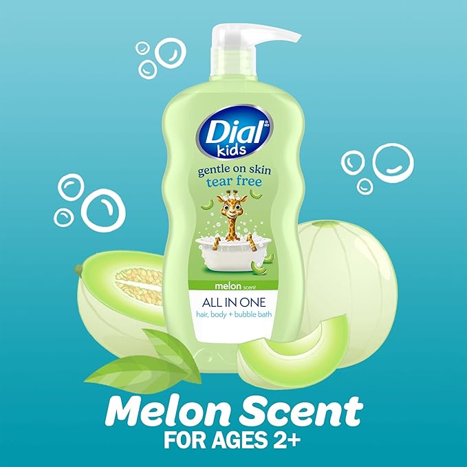 Dial Kids All-in-1 Body Wash + Hair + Bubble Bath, Melon Scent, 24 Fl Oz, Pack of 4, Hypoallergenic Body Wash & Shampoo, No Tears Formula for Kids 2+ Years, No Parabens & Silicones
