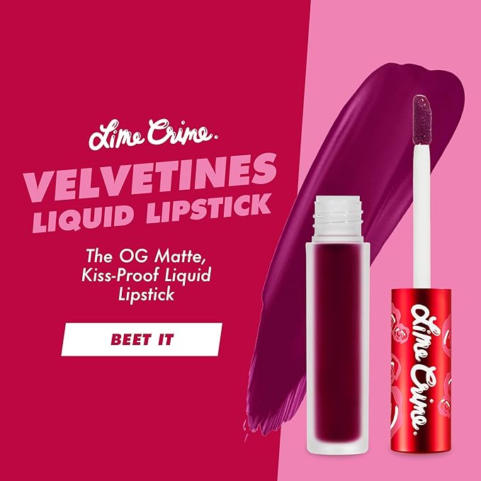 Lime Crime Velvetines Liquid Matte Lipstick, Beet It (Deep Berry Pink) - Bold, Long Lasting Shades & Lip Lining - Stellar Color & High Comfort for All-Day Wear - Talc-Free & Paraben-Free