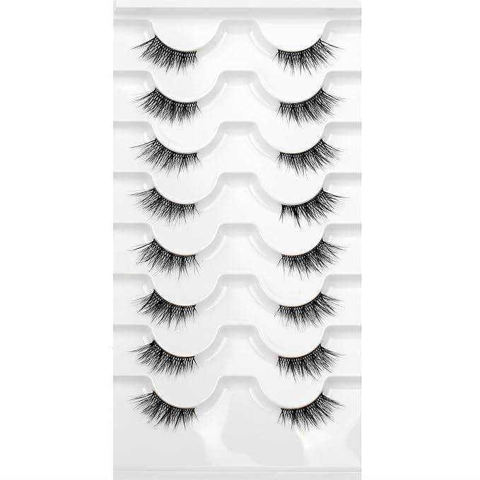 Natural Half Lashes Strips for Nude Makeup Fake Eyelashes Cat Eye Look Wispy Volume Fluffy 3/4 Band Asian Short Wispies Lashes 8 Pairs Small Accent Lash Clusters Extension Faux Mink Lashes Pack
