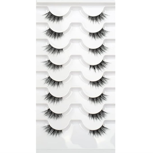 Natural Half Lashes Strips for Nude Makeup Fake Eyelashes Cat Eye Look Wispy Volume Fluffy 3/4 Band Asian Short Wispies Lashes 8 Pairs Small Accent Lash Clusters Extension Faux Mink Lashes Pack