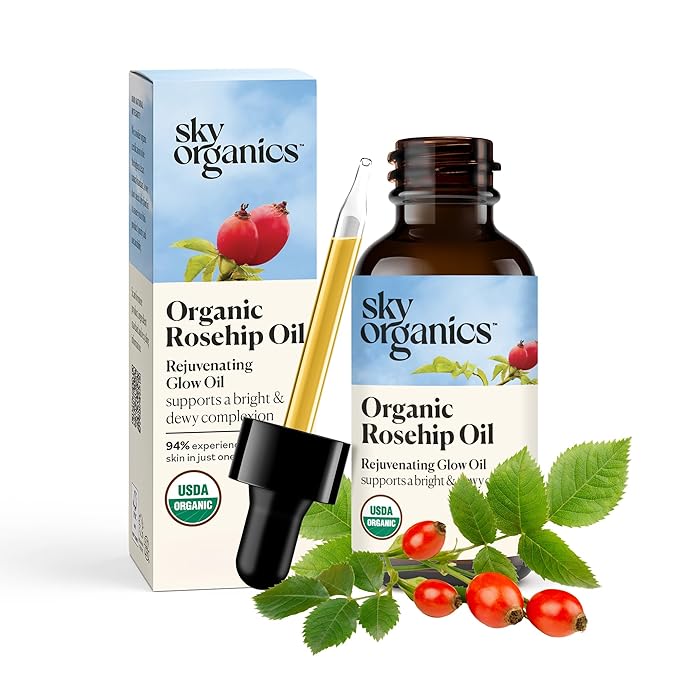 Sky Organics Organic Rosehip Oil (1oz) Cold-Pressed Rosehip Seed Oil, Anti-aging Face Oil, Antioxidant Face Oil, 100% Pure Anti-Aging Rosehip Seed Oil for Radiant Skin, Hair and Acne