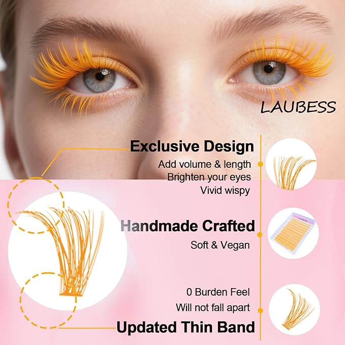 Colored Lash Clusters LAUBESS Orange Colored Eyelash Clusters Wispy Colored Lash Extensions Colorful Lash Clusters Individual Lashes (Orange 40D-0.07D-Mix8-16)