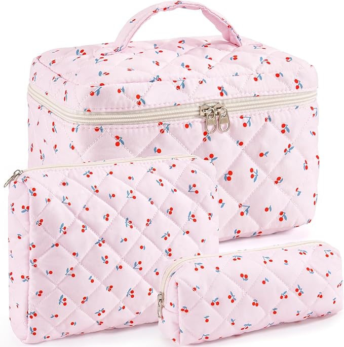 Makeup Bag for Women 3PCS Quilted Cotton Make Up Bag Travel Cosmetic Bag Large Makeup Bag Set Cute Makeups Organizer Floral Toiletry Pouch for Purse, Mini Cherry