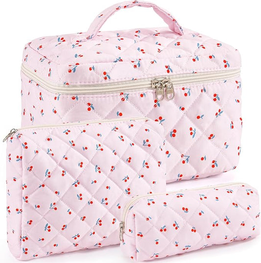 Makeup Bag for Women 3PCS Quilted Cotton Make Up Bag Travel Cosmetic Bag Large Makeup Bag Set Cute Makeups Organizer Floral Toiletry Pouch for Purse, Mini Cherry