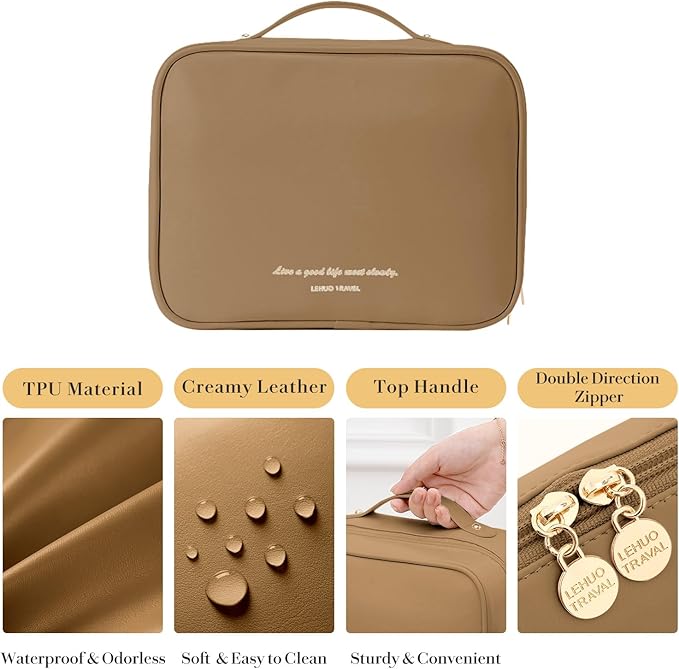 Travel Makeup Bag Large Capacity Cosmetic Organizer Waterproof Leather Toiletry Bag with Brush Holder and Handle Portable Cosmetic Storage Bag for Women Girls Gift - Brown