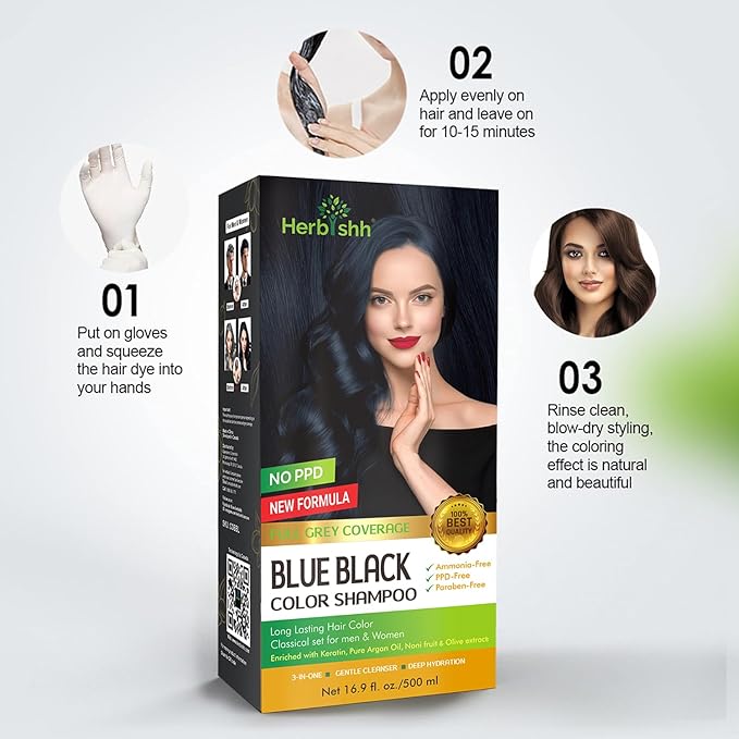 Herbishh Blue Black Hair Color Shampoo - 3-In-1 Magic Dye for Gray Hair 500 Ml + Essential Flower Hair Oil - Organic Formula for Dry, Damaged Hair 60 ML