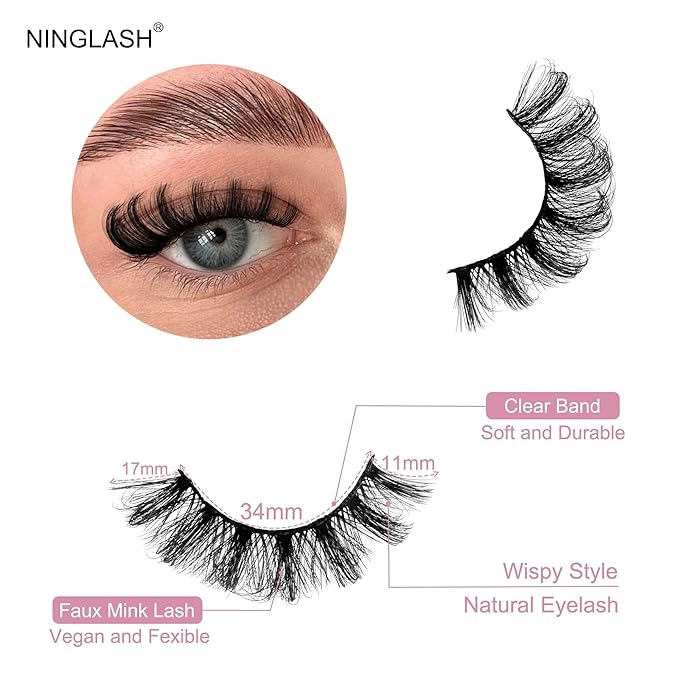 Mink Lashes Fluffy D Curl Russian Strip Lashes Wispy Lash Natural Look NINGLASH 11-17mm 3D False Eyelashes Volume 7 Pairs Short Fake Eyelash Pack