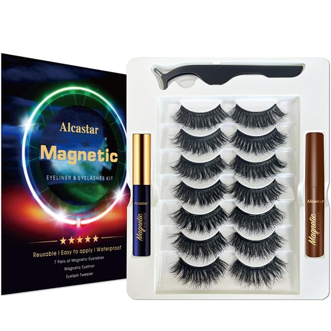 Alcastar Magnetic Eyelashes with Eyeliner Kit, Light weight Magnetic Lashes Natural Look, Reusable,Long Lasting, (Mink Fluffy7-230)