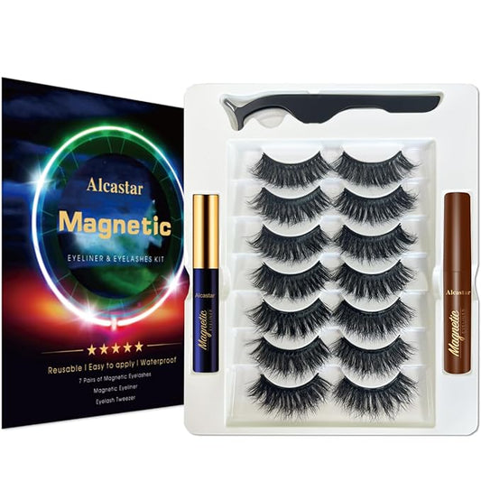 Alcastar Magnetic Eyelashes with Eyeliner Kit, Light weight Magnetic Lashes Natural Look, Reusable,Long Lasting, (Mink Fluffy7-230)