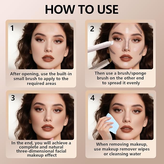 2Pcs Cool Toned Liquid Contour and Highlighter Stick, Blendable Lightweight Cold Grey Bronzer Contouring Smooth Brightening Illuminator Face Shaping Makeup Kit, Long-Lasting and Matte Finish