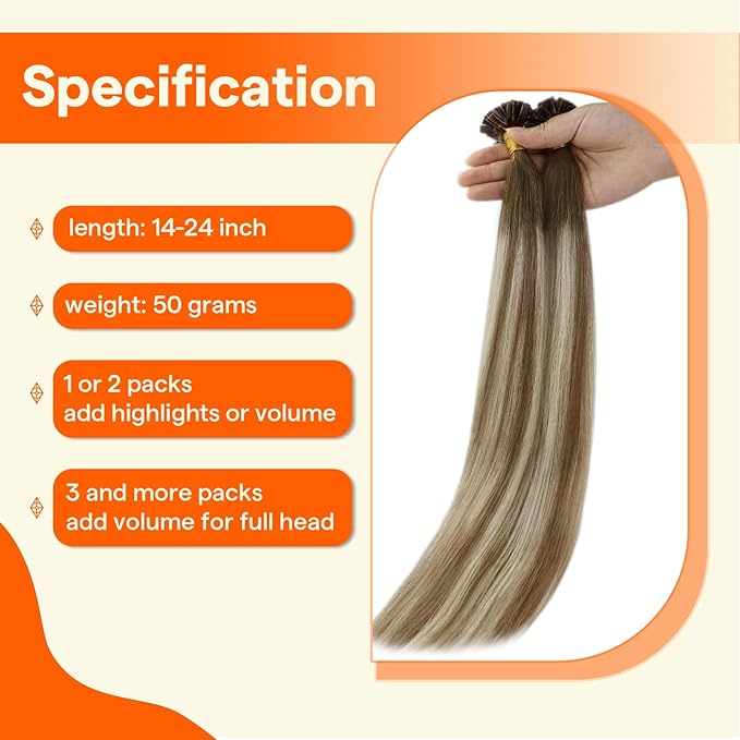 Full Shine Keratin Tip Hair Extensions Human Hair Dark Brown to Ash Brown and Honey Blonde Ktip Human Hair Extensions 14 Inch Fusion Extensions Remy Hair 50 Grams for Women