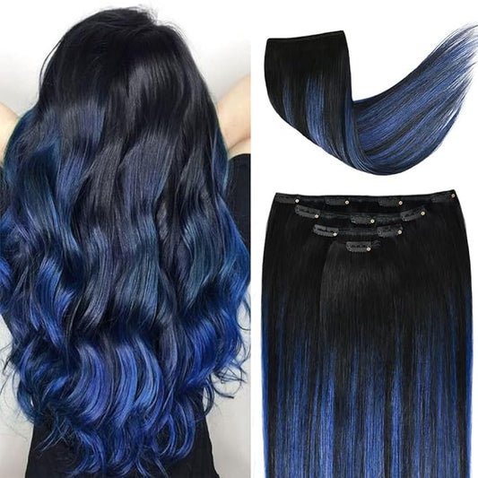 22" Hair Extensions Clip in Human Hair for Women - Silky Straight Remy Real Long Human Hair Clip on 90grams 4pieces #(1B/Blue) T1B Color