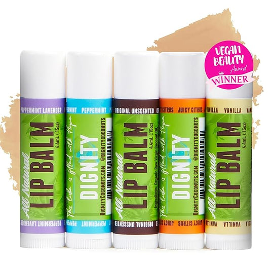 Moisturizing Lip Balm – Soothing & Fragrance-Free, Pack of 5 - Vegan w/Nourishing Coconut Oil, Cocoa Butter & Essential Oils – 4.4ml (0.15oz) Each – Lip Care Set