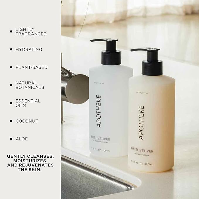 APOTHEKE Liquid Hand Soap, White Vetiver - 10 Fl Oz Hydrating Handsoap with Premium Fragrance Oils Gently Cleanses, Moisturizes & Rejuvenates Skin - Scented Hand Wash for Kitchen & Bathroom