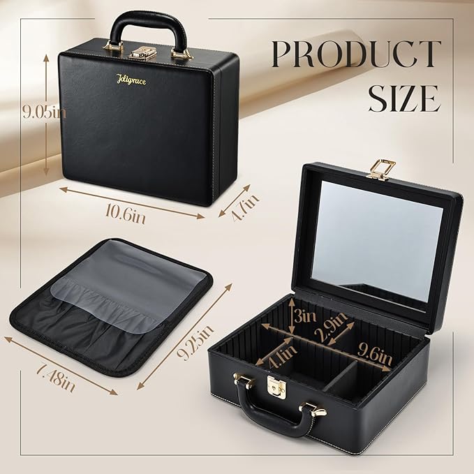 Joligrace Travel Makeup Case, Travel Makeup Organizer Case with Mirror, Makeup Train Case Leather Portable Makeup Box Storage Bag,with Adjustable Dividers & Brush Holder (Black)