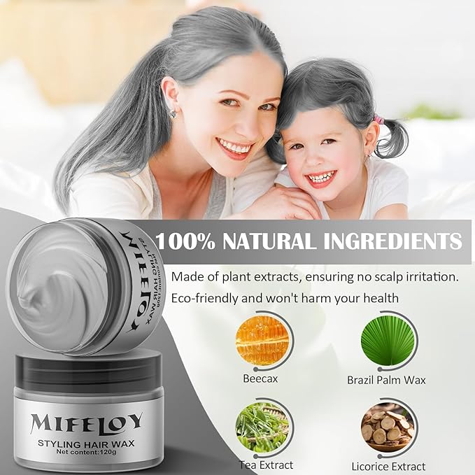 Silver Gray Temporary Hair Color Wax, Instant Natural Hairstyle Cream Dye, Grey Styling Pomadesfor Men Girls Women Youth, Disposable Coloring Mud for Party Cosplay DIY Halloween