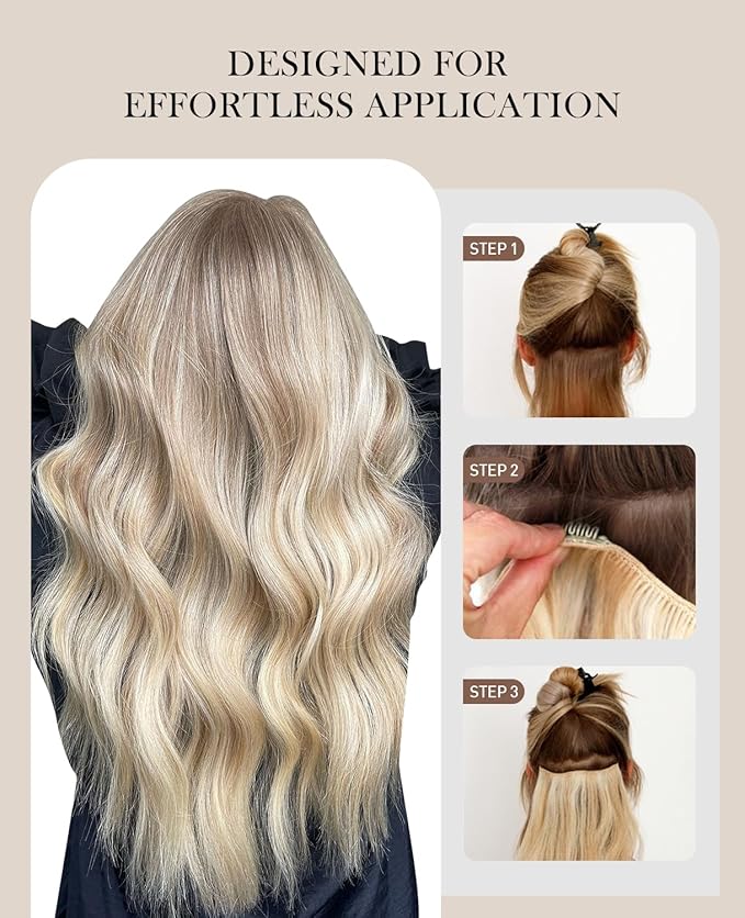 VINBAO Human Hair Clip in Extensions Highlights Ash Blonde with Bleach Blonde Hair Extensions Clip in Human Hair 16inch Silky Straight Salon Quality For Women 100g 6PCS (#18P613, 16)