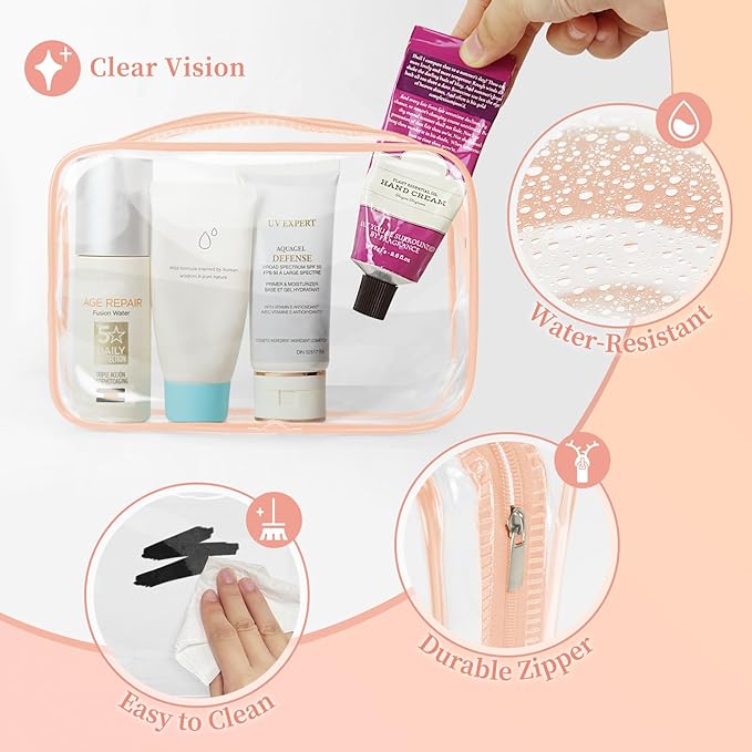 TISRATOK 12 PCS Clear Makeup Bag for Women with Zipper, TSA Approved Toiletry Pouch, Cosmetic Bag Bulk for Travel Organizer Essentials - Orange-pink, Medium