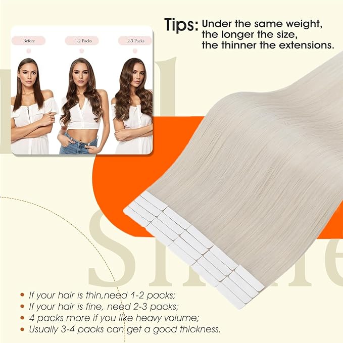 Full Shine Hair Extensions Real Human Hair Tape in Color 1000 Tape in Extensions Human Hair Injection Seamless Skin Weft Soft Straight Extension No Damage 50G 20Pcs Daily Office Look 20Inch