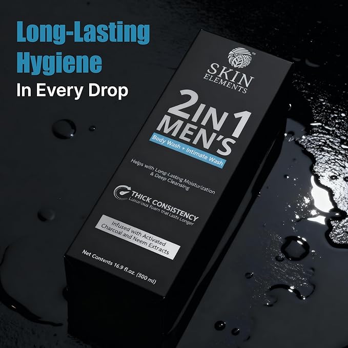 Skin Elements 2-in-1 Body & Intimate Wash for Men | 60+ Days of Usage | Daily Refreshing Wash | Natural Goodness of charcoal & Neem extracts | Thicker Consistency | Long Lasting Freshness |16.9 Fl. Oz