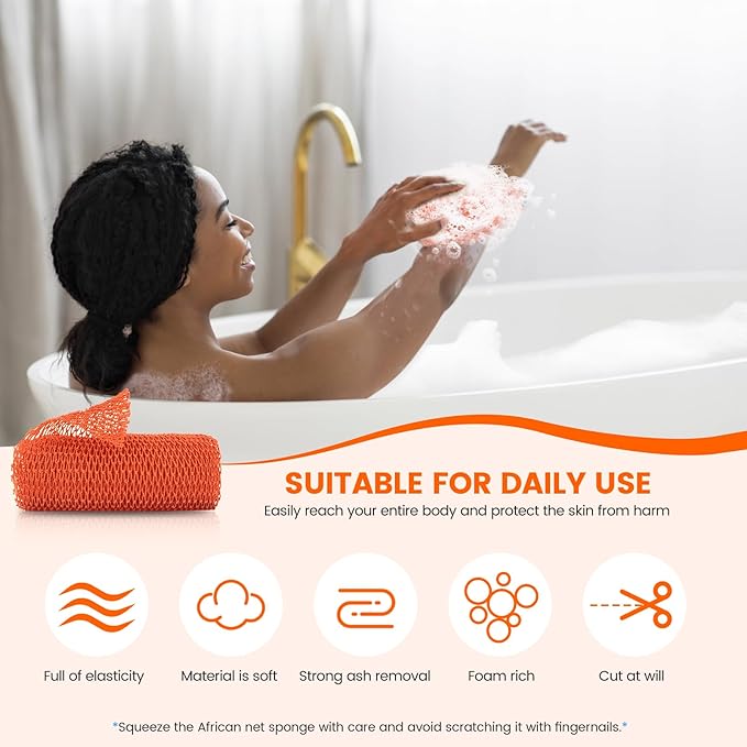 African Net Sponge, Authentic Exfoliating Body Scrubber for Bath and Shower, Multiple Textures with Gentle Deep Exfoliating and Rich Lather for All Skins (Orange)