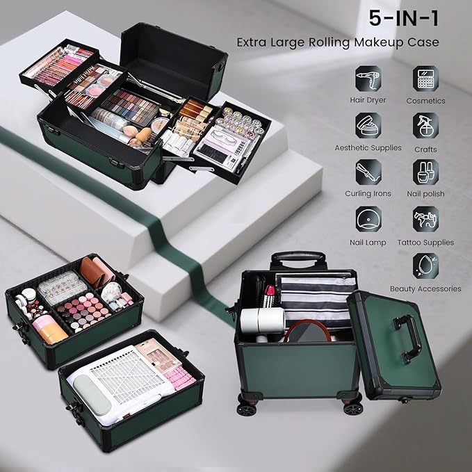 FRENESSA Rolling Makeup Train Case Cosmetology Case on Wheels 5 in 1 Makeup Case with Lid Rolling Large Make Up Organizer for Artist Barber Salon Nail Teach Kits Professional Cosmetic Box Dark Green