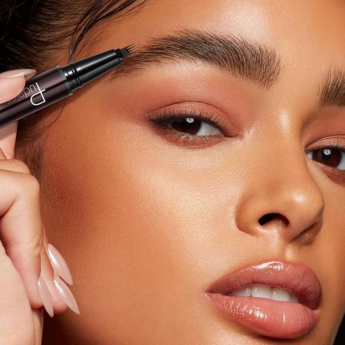 2-in-1 Curved Eyebrow Pen and Eyeliner with 10Pcs Brow Stencils, Microblading Eyebrow Pencil with 4 Fork-Tip and Curved Precise Tip, Waterproof and Long Lasting Eyebrow Pencils for Women, Dark Brown