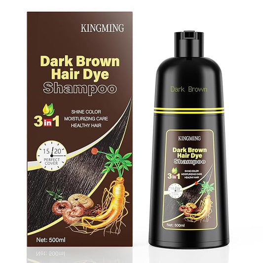 KINGMING Dark Brown 3 in 1 Hair Dye Shampoo for Gray Coverage, Herbal Ingredients for Men and Women, 500ml (Dark Brown)