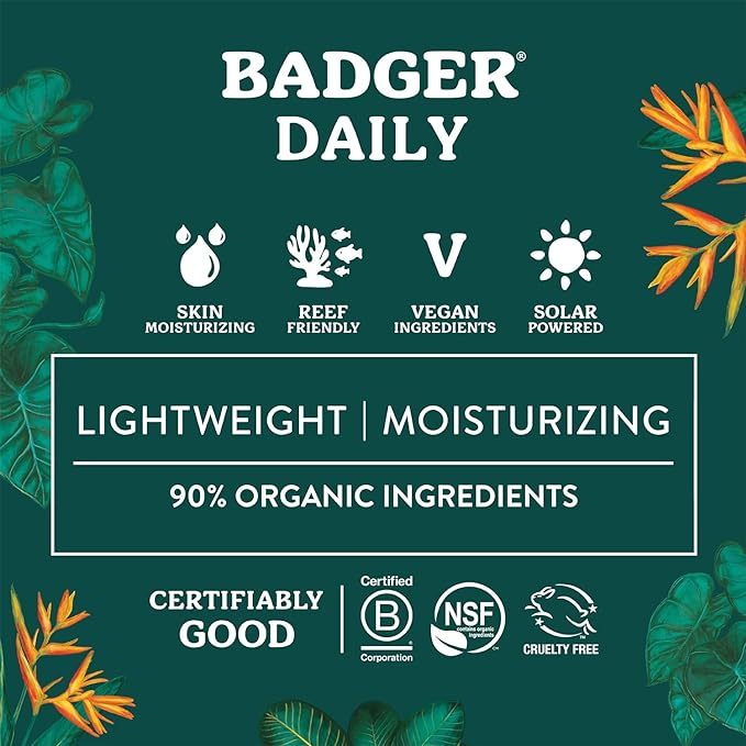 Badger Mineral Daily Sunscreen with Zinc Oxide, SPF 30, Lightweight & Easy to Apply w/No White Cast, Moisturizing Organic Sunscreen, Reef Safe, Vegan, Unscented, 4 fl oz, 2-Pack