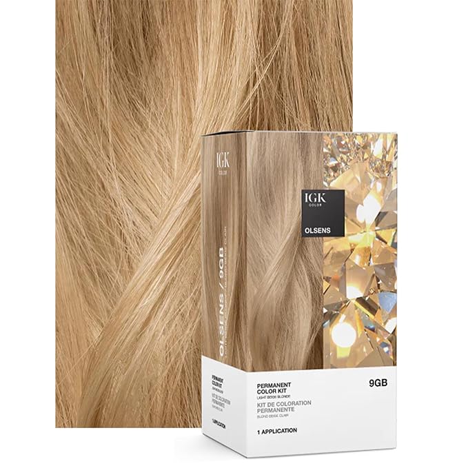 IGK Permanent Hair Dye Color Kit | 9GB Olsens - Light Beige Blonde | 100% Gray Color Coverage + Strengthen + Shine | Ammonia Free (2 Pack)