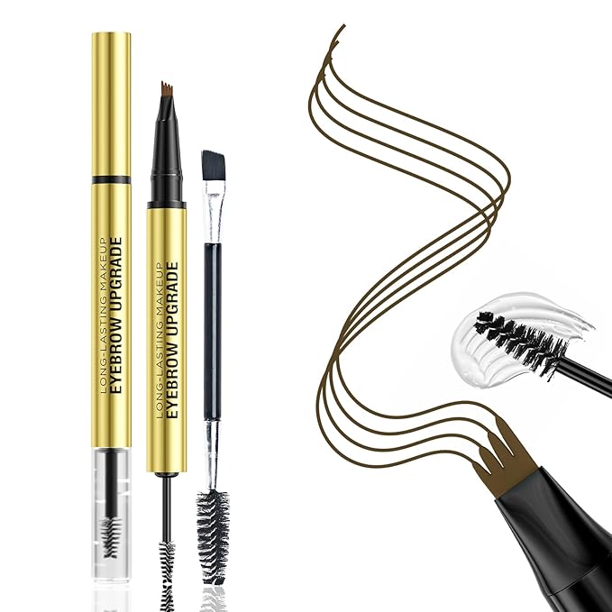 2-in-1 Eyebrow Pen and Eye Brow Clear Gel, 4 Tip Microblading Eyebrow Pencil for Women Hair-Like Strokes & Feathered Brows, Waterproof Long Lasting Lift Shaping, Smudge Proof Brow Pencil, Black Brown
