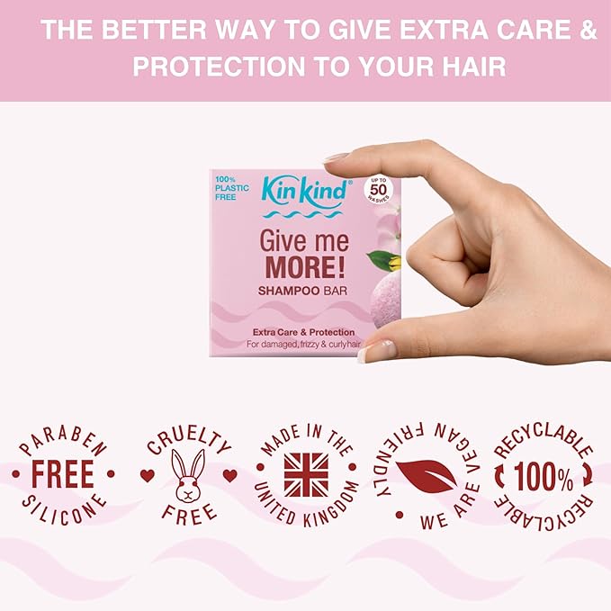 KinKind Give me MORE! Shampoo Bar for for Curly, Damaged & Frizzy hair. Extra Care & Protection. Up to 50 washes. Vegan. No silicones or parabens. UK made. 50g