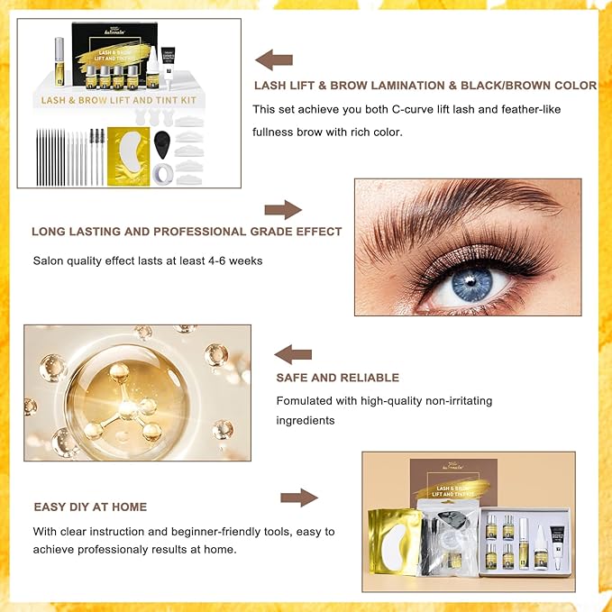 Lash Lift Kit Brow Lamination Kit Brown Color, Professional Eyelash and Eyebrow Perm Kit for Fuller Brows & Long Lasting Curl Lashes, Safe Effective Results Salon or DIY Use (Brown)