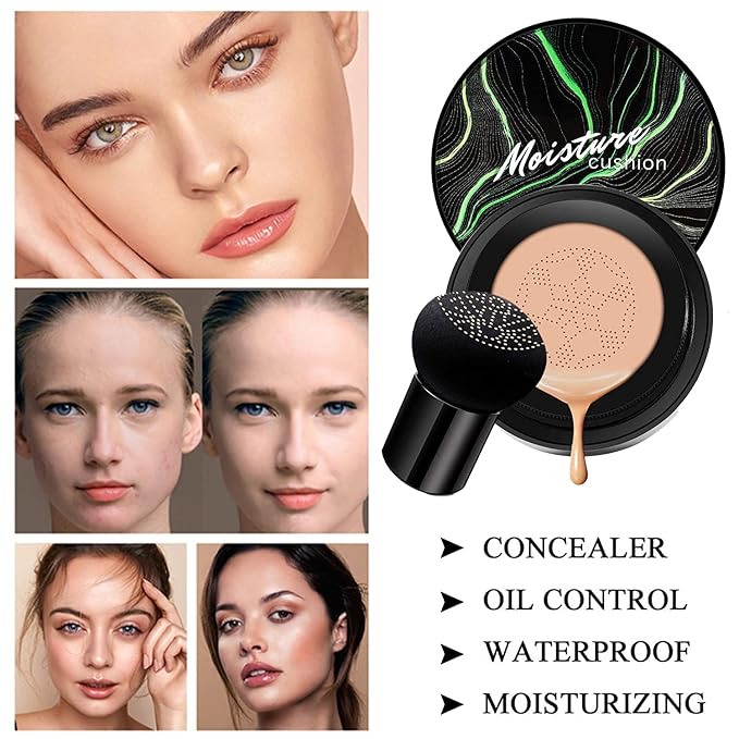 Mushroom Head Air Cushion CC Cream Nature Foundation, Moisturizing BB Cream, Long Lasting Matte Concealer, Bright Makeup Base with Mushroom Makeup Sponge (#04 Buff Beige)