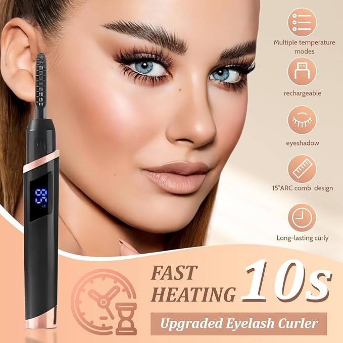 Heated Eyelash Curler for Women - Rechargeable Electric Eyelash Curler with 4 Heat Settings,Long-Lasting Curling Tool Includes Eyelash Brush,LED Display,Best for Women's Makeup (Black)