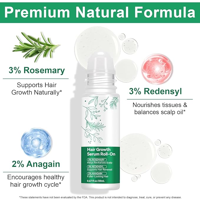 Rosemary Hair Growth Serum Roll On, Hair Thicker Serum with 3% Rosemary, 3% Redensyl & 2% Anagain, Scalp Serum, Reduces Hair Fall & Follicle Strengthener, Thicker, Fuller Hair, All Hair Types (1PCS)