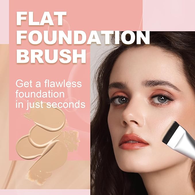 Flat Foundation Brush for Liquid Makeup,14CM Premium Fast Flawless Flat Top Kabuki Makeup Brushes Face Cosmetics Concealer Brush for Liquid, Blending, Powder, Cream, Powder, Blush, Buffing Silver