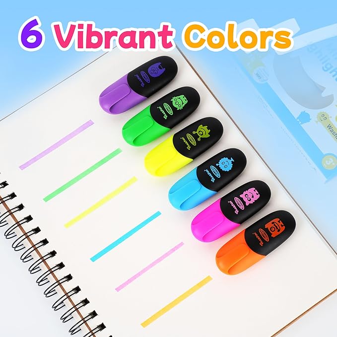 Pastel Highlighters Assorted Colors, Soft Chisel Tip Highlighter Marker Pens Smooth Writing No Bleed, Cute Markers Monster Design for Journaling Drawing, 6 Count– Back to School Supplies