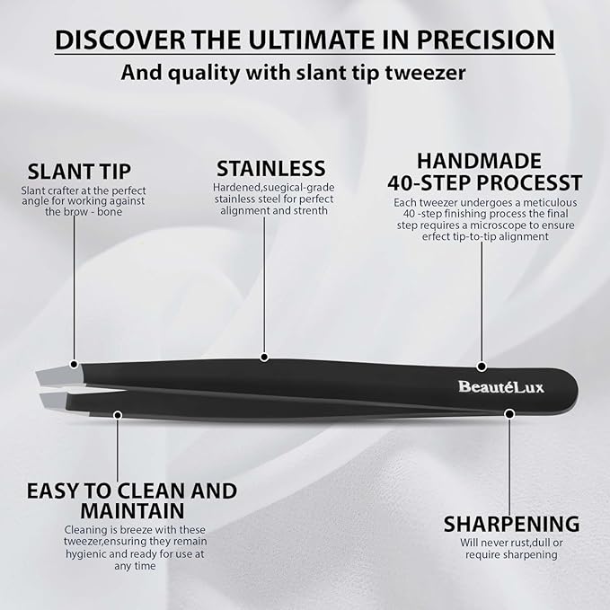 Slant Tip Eyebrow Tweezer for women & men – Stainless Steel Tweezers, Stocking Stuffer for women & men,Facial Hair Removal tweezers for Chin hair, Ingrown Hair tweezer, Black Travel tweezers with case
