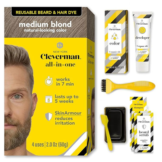 Cleverman Medium Blond All-in-One Reusable Kit for Men's Natural-Looking Gray Coverage - Professional-Quality Hair, Beard & Mustache Color, Ammonia-Free