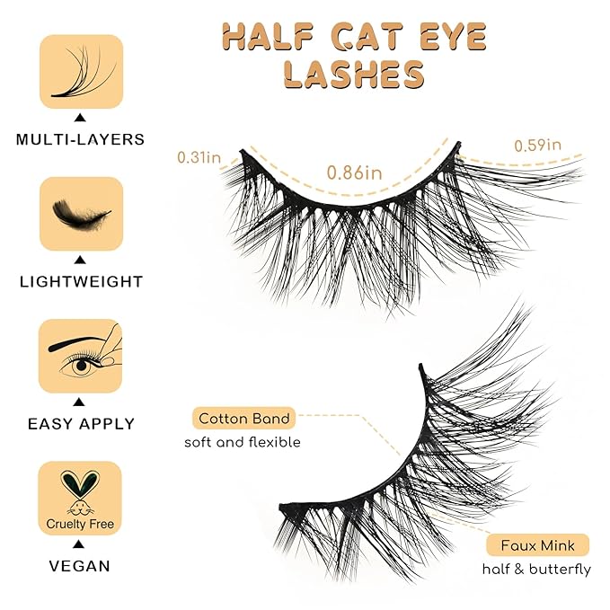 Half Lashes False Eyelashes Wispy Fake Lash Strips Natural Cat Eye Strip Eyelash Pack 14 Pairs Mink Half Lashes Cateye 7-15mm Half Eyelashes for Women