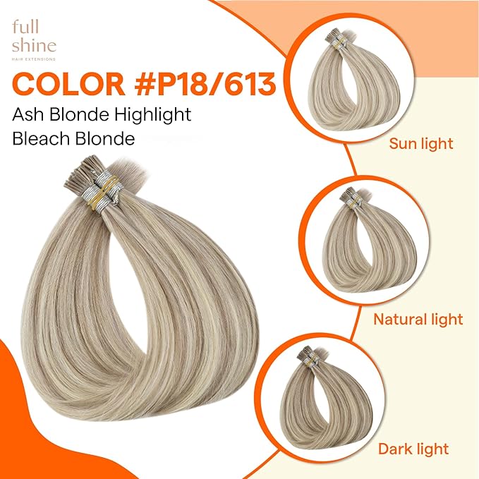 Full Shine I Tip Hair Extensions Human Hair 18 Ash Blonde Highlighted 613 Bleach Blonde I Tip Human Hair Extensions Natural Remy Hair 20 Inch Fusion Extensions 50 Grams