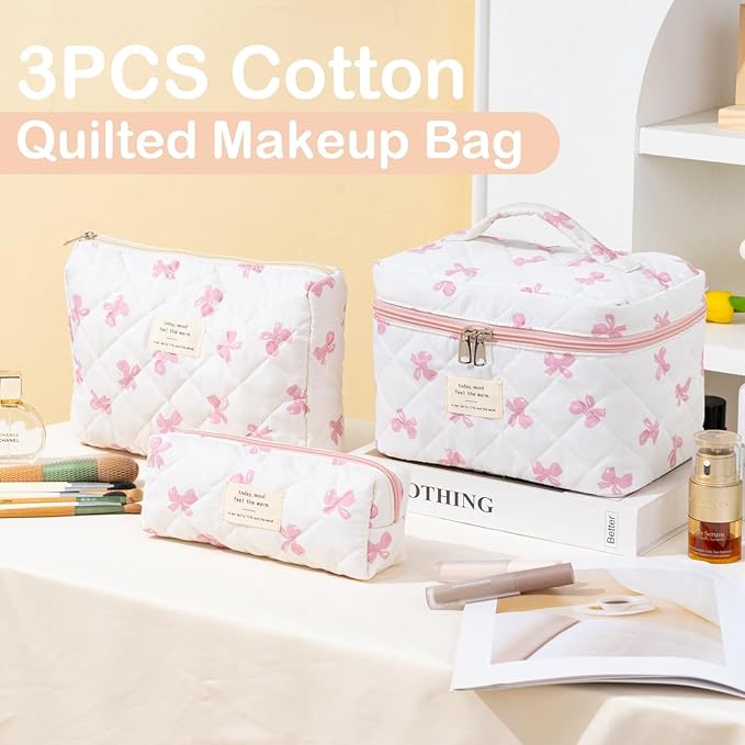 Makeup Bag for Women 3PCS Quilted Cotton Make Up Bag Travel Cosmetic Bag Large Makeup Bag Set Cute Bow Makeups Purse Organizer Floral Toiletry Pouch