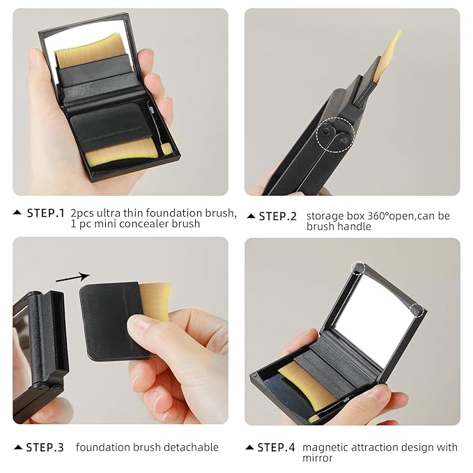 MSQ Foundation Brush Set, 2PCS Angled Ultra Thin Foundation Brushes and 1PCS Mini Concealer Brush with Case and Mirror, Travel Cosmetic Brushes for Liquid Foundation, Concealer